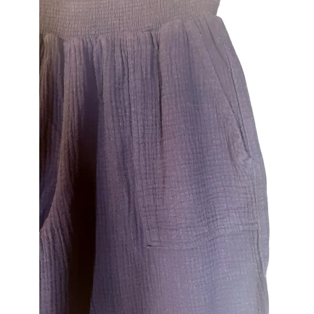 Magaschoni Organic Slub Cotton Navy Wide Leg Cropped Pants L Casual Resort Beach